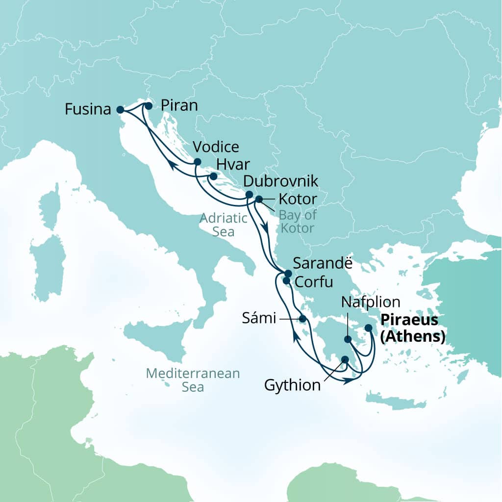 Seabourn Quest 14-day Piraeus (Athens), Greece to Piraeus (Athens), Greece itinerary map, August 30-September 13 2026