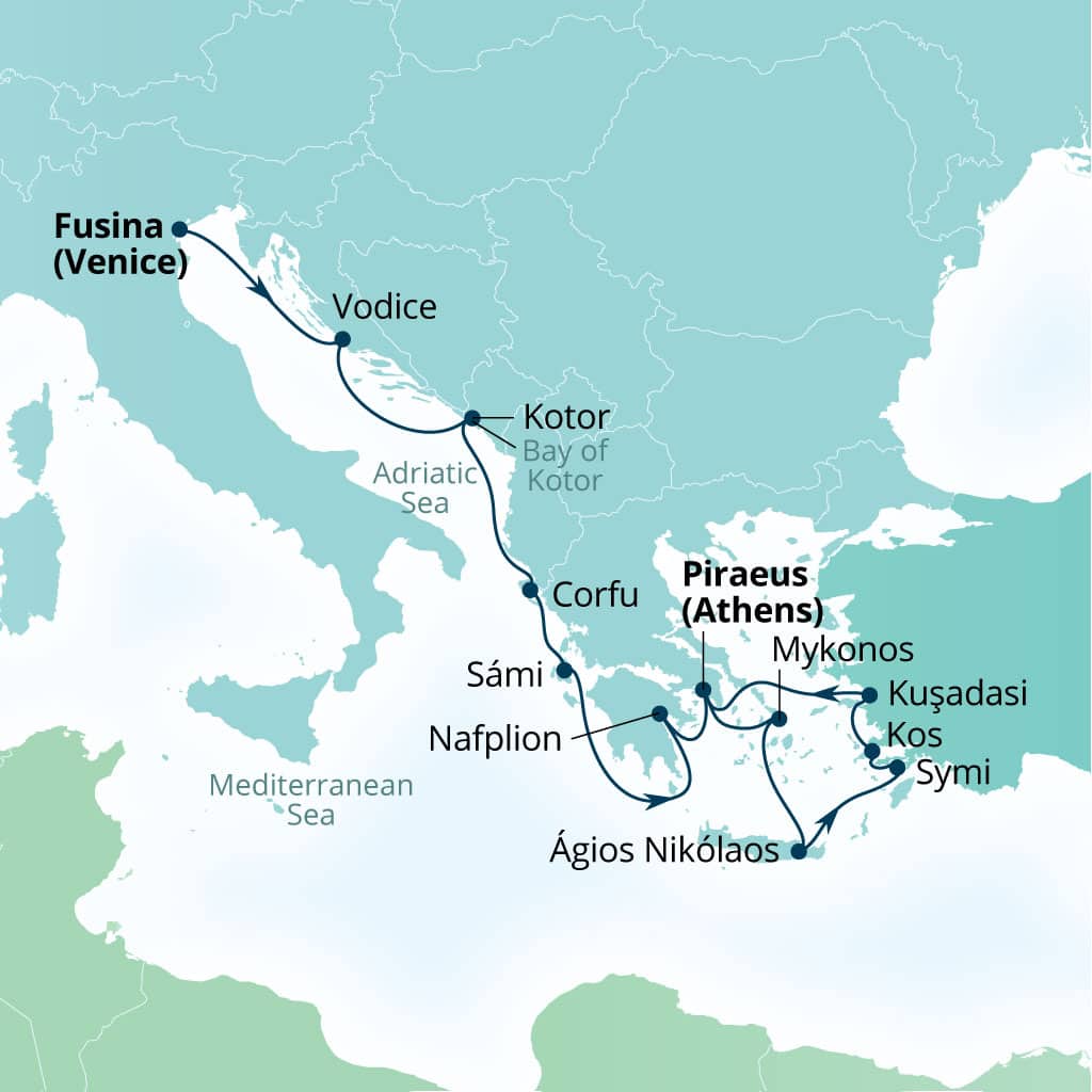 Seabourn Quest 14-day Fusina (Venice), Italy to Piraeus (Athens), Greece itinerary map, September 6-20 2026