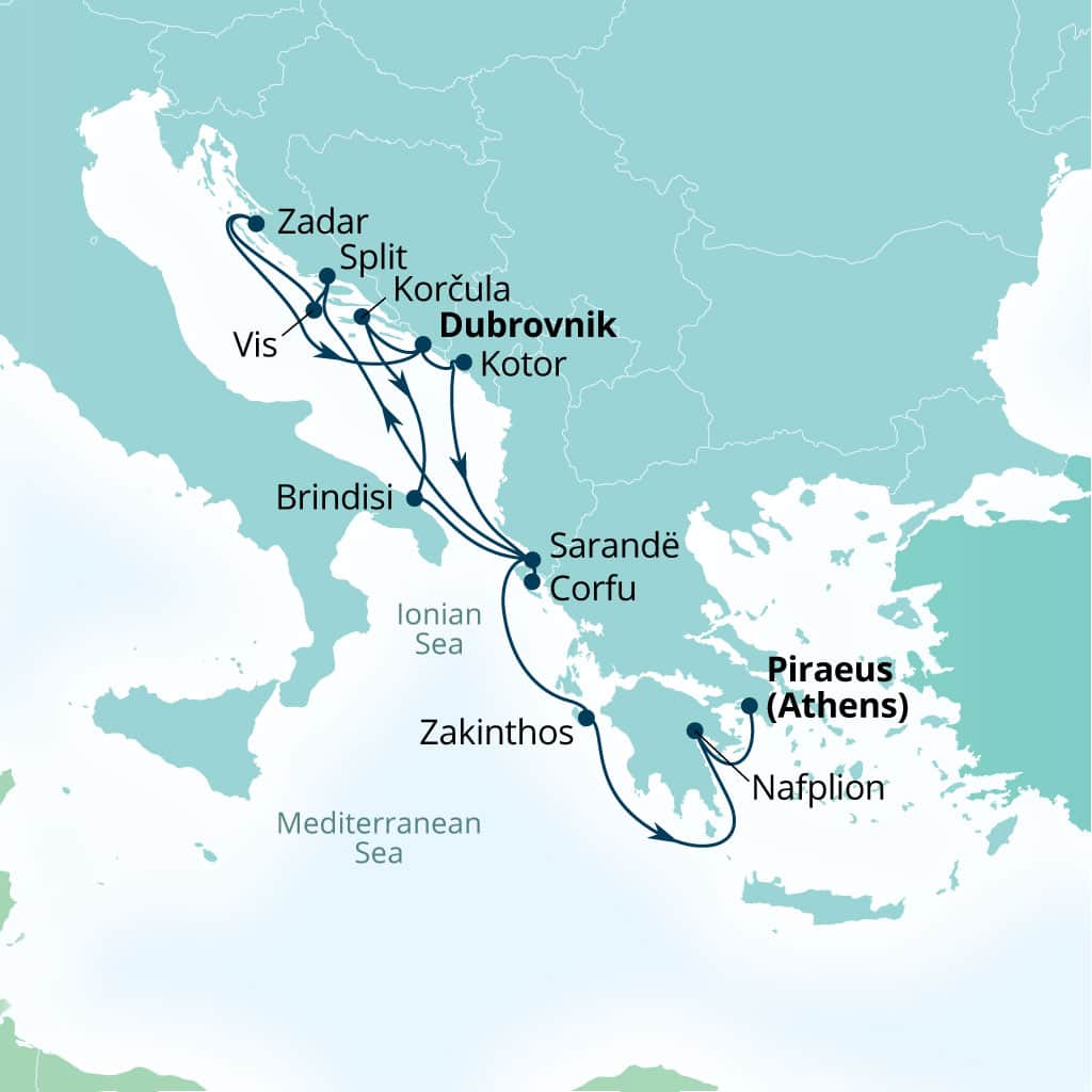 Seabourn Quest 14-day Dubrovnik, Croatia to Piraeus (Athens), Greece itinerary map, September 27-October 11 2026