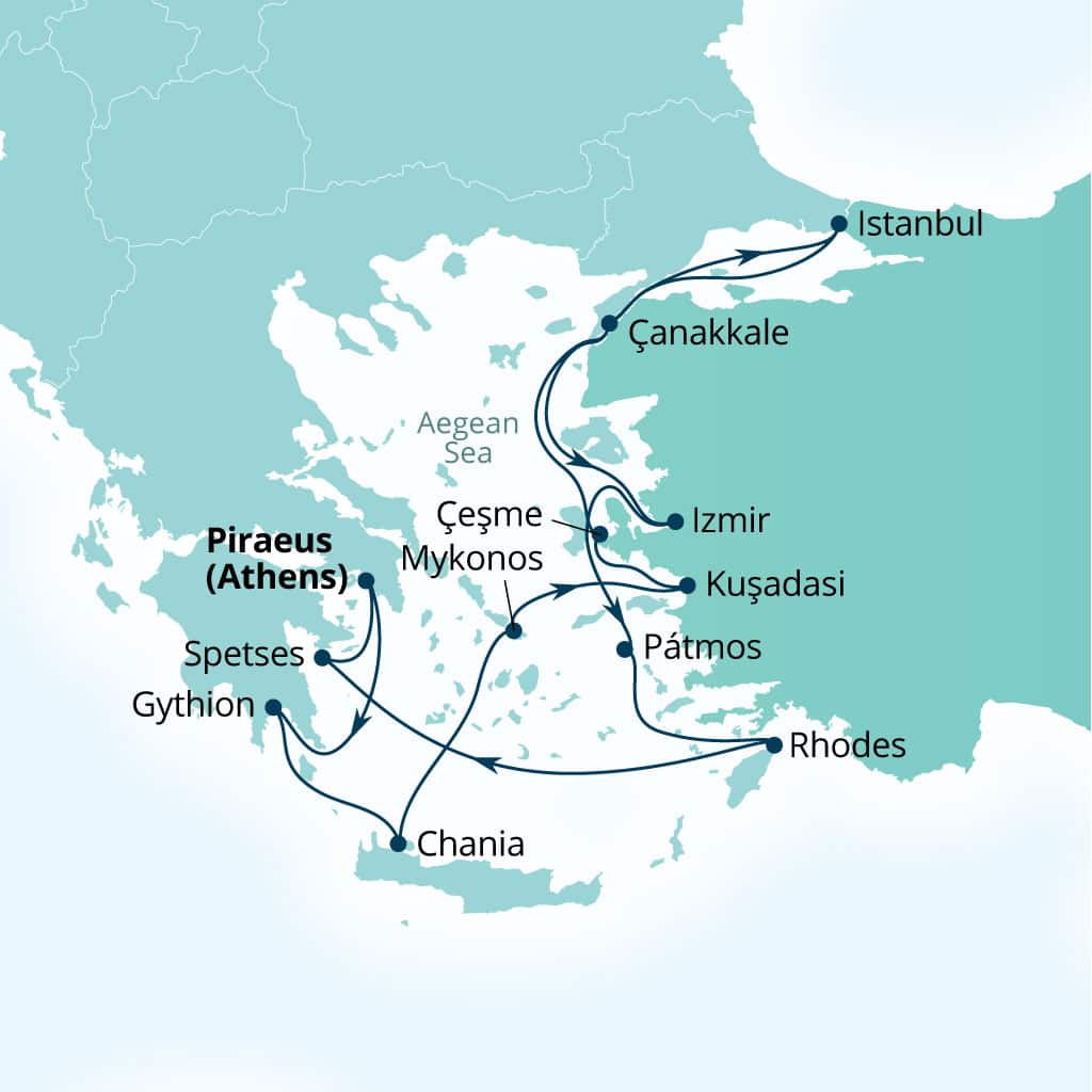 Seabourn Quest 14-day Piraeus (Athens), Greece to Piraeus (Athens), Greece itinerary map, October 11-25 2026