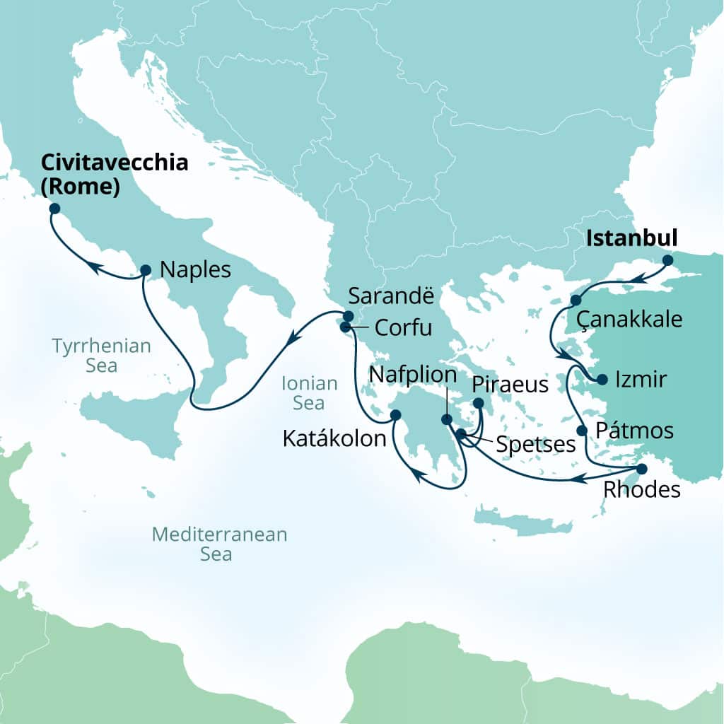 Seabourn Quest 14-day Istanbul, Turkey to Civitavecchia (Rome), Italy itinerary map, October 18-November 1 2026