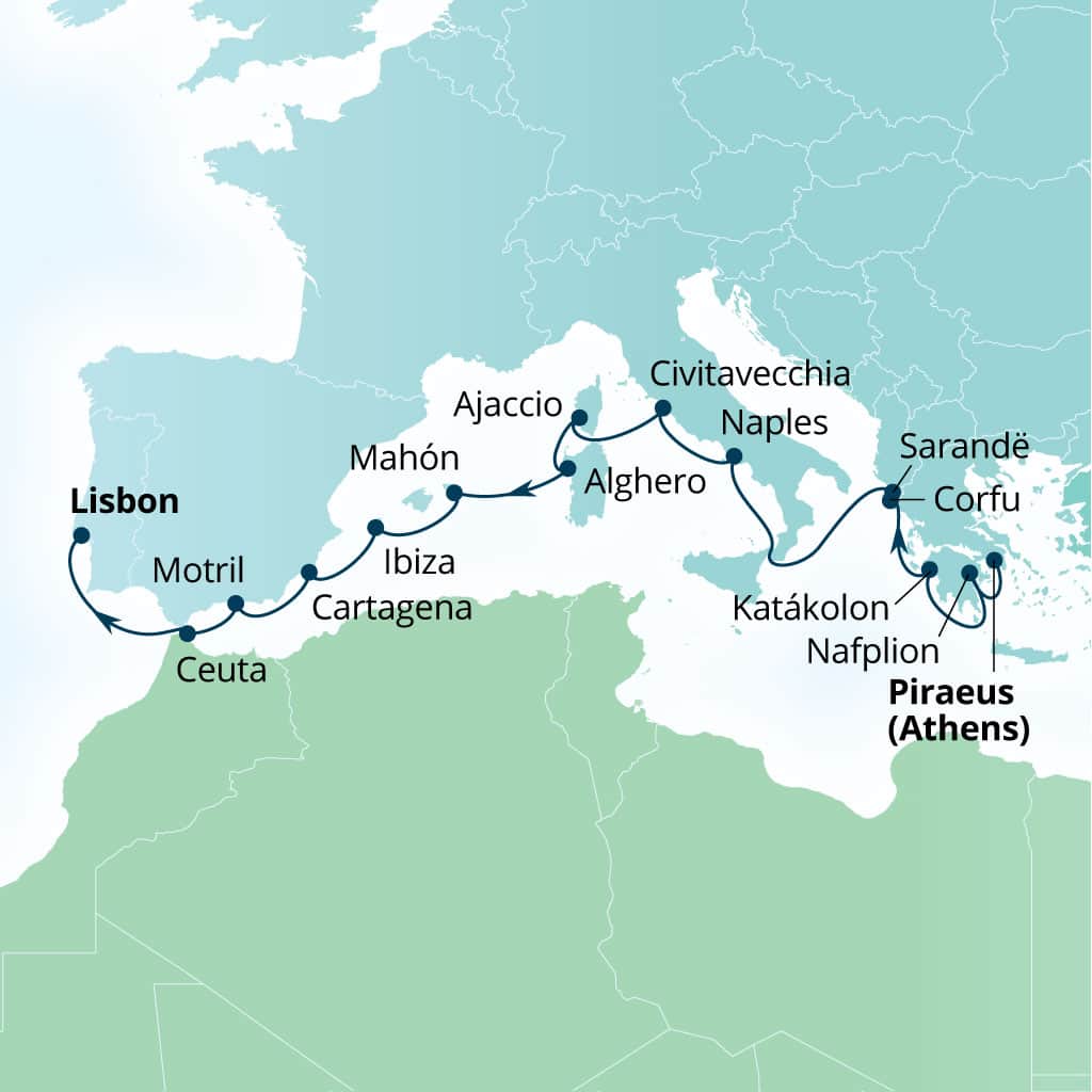 Seabourn Quest 16-day Piraeus (Athens), Greece to Lisbon, Portugal itinerary map, October 25-November 10 2026