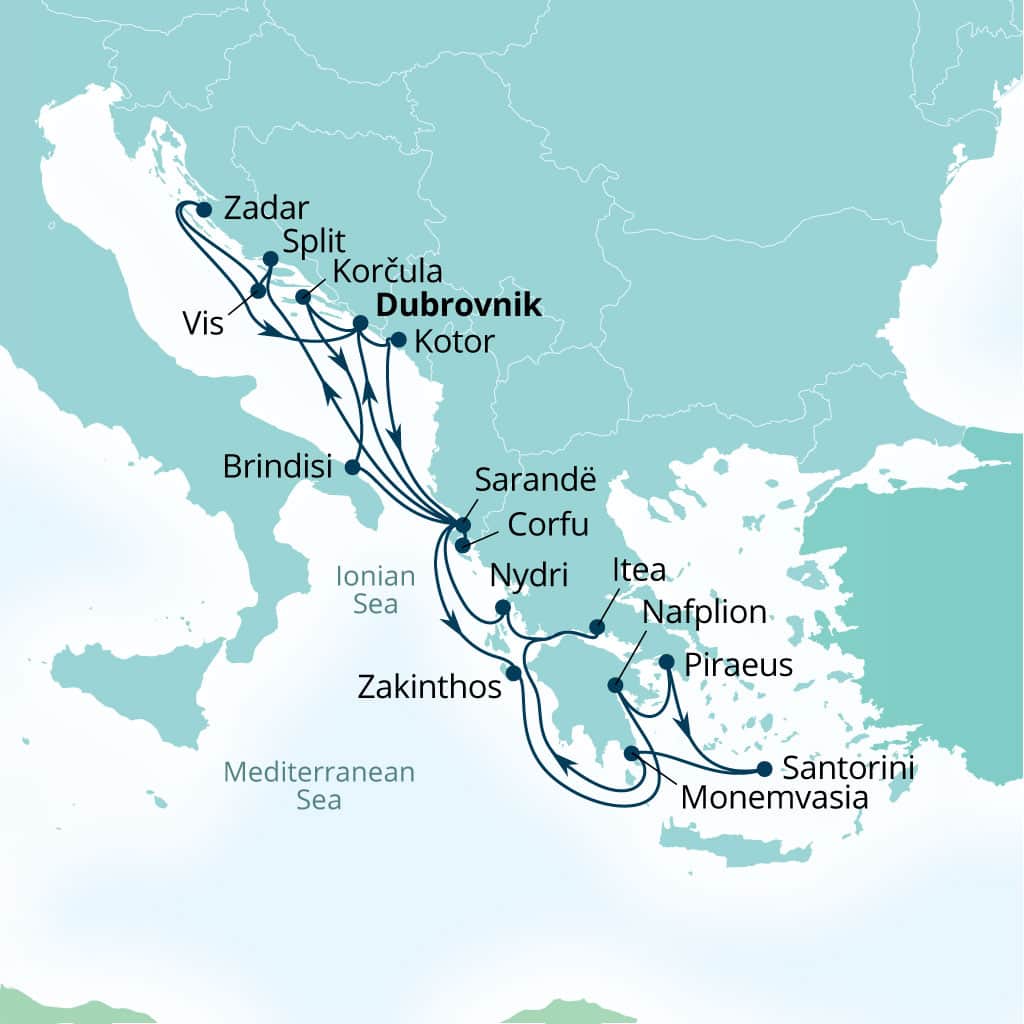 Seabourn Quest 21-day Dubrovnik, Croatia to Dubrovnik, Croatia itinerary map, August 2-23 2026