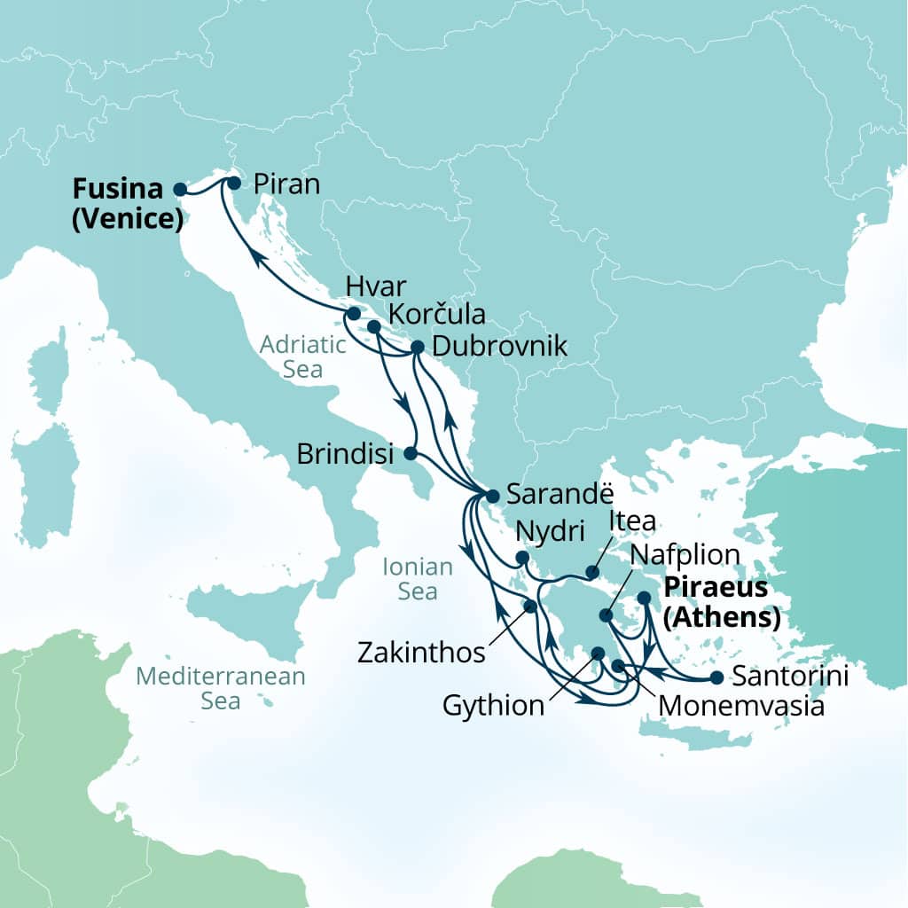 Seabourn Quest 21-day Piraeus (Athens), Greece to Fusina (Venice), Italy itinerary map, August 16-September 6 2026