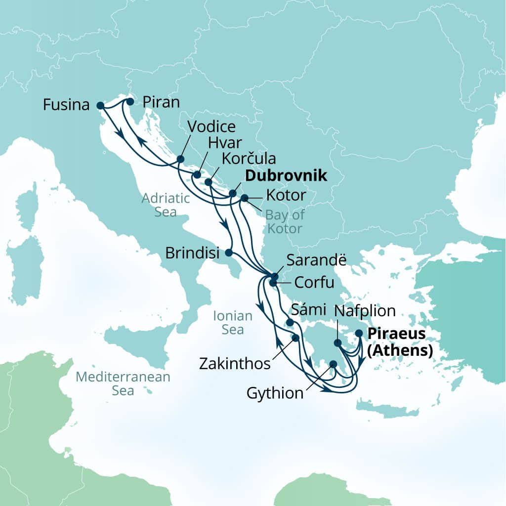 Seabourn Quest 21-day Dubrovnik, Croatia to Piraeus (Athens), Greece itinerary map, August 23-September 13 2026