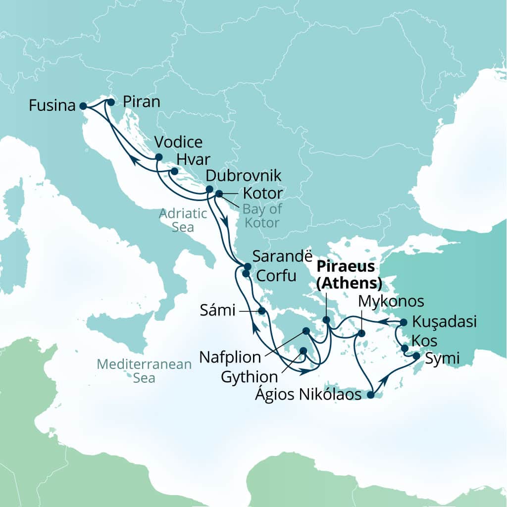 Seabourn Quest 21-day Piraeus (Athens), Greece to Piraeus (Athens), Greece itinerary map, August 30-September 20 2026