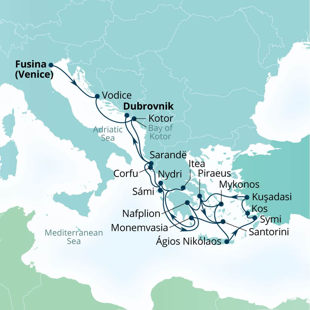 Seabourn Quest 21-day Fusina (Venice), Italy to Dubrovnik, Croatia itinerary map, September 6-27 2026