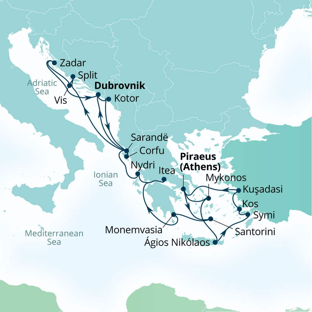 Seabourn Quest 21-day Piraeus (Athens), Greece to Dubrovnik, Croatia itinerary map, September 13-October 4 2026