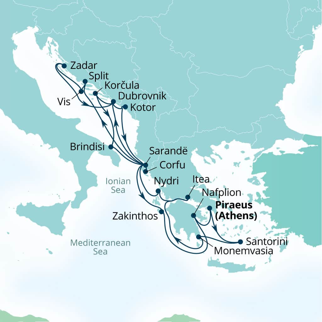 Seabourn Quest 21-day Piraeus (Athens), Greece to Piraeus (Athens), Greece itinerary map, September 20-October 11 2026