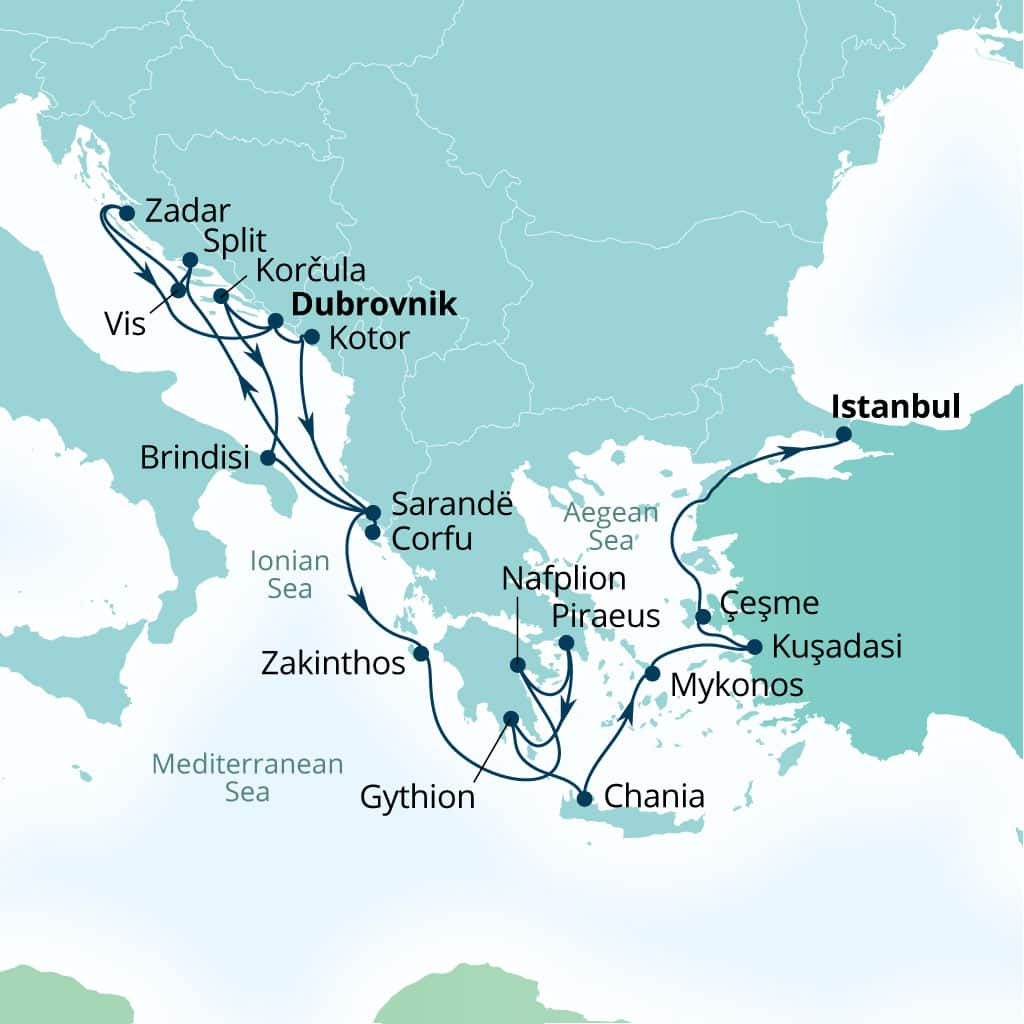Seabourn Quest 21-day Dubrovnik, Croatia to Istanbul, Turkey itinerary map, September 27-October 18 2026
