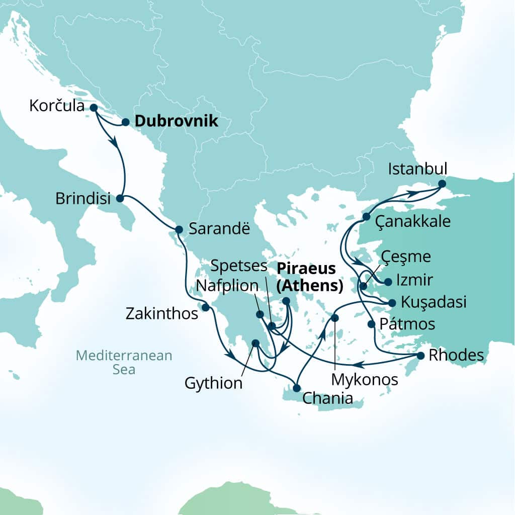 Seabourn Quest 21-day Dubrovnik, Croatia to Piraeus (Athens), Greece itinerary map, October 4-25 2026