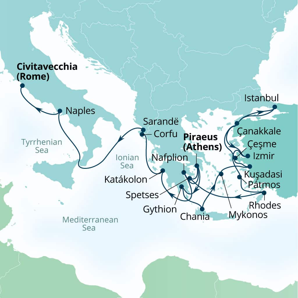 Seabourn Quest 21-day Piraeus (Athens), Greece to Civitavecchia (Rome), Italy itinerary map, October 11-November 1 2026