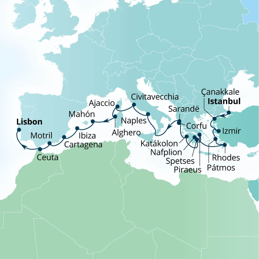 Seabourn Quest 23-day Istanbul, Turkey to Lisbon, Portugal itinerary map, October 18-November 10 2026
