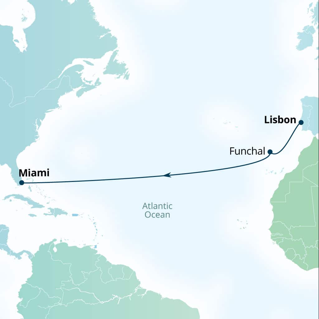 Seabourn Quest 12-day Lisbon, Portugal to Miami, Florida, US itinerary map, November 10-22 2026