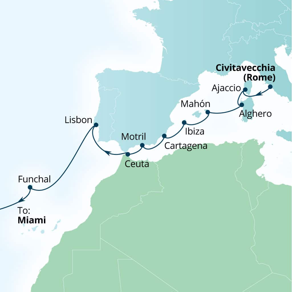 Seabourn Quest 21-day Civitavecchia (Rome), Italy to Miami, Florida, US itinerary map, November 1-22 2026