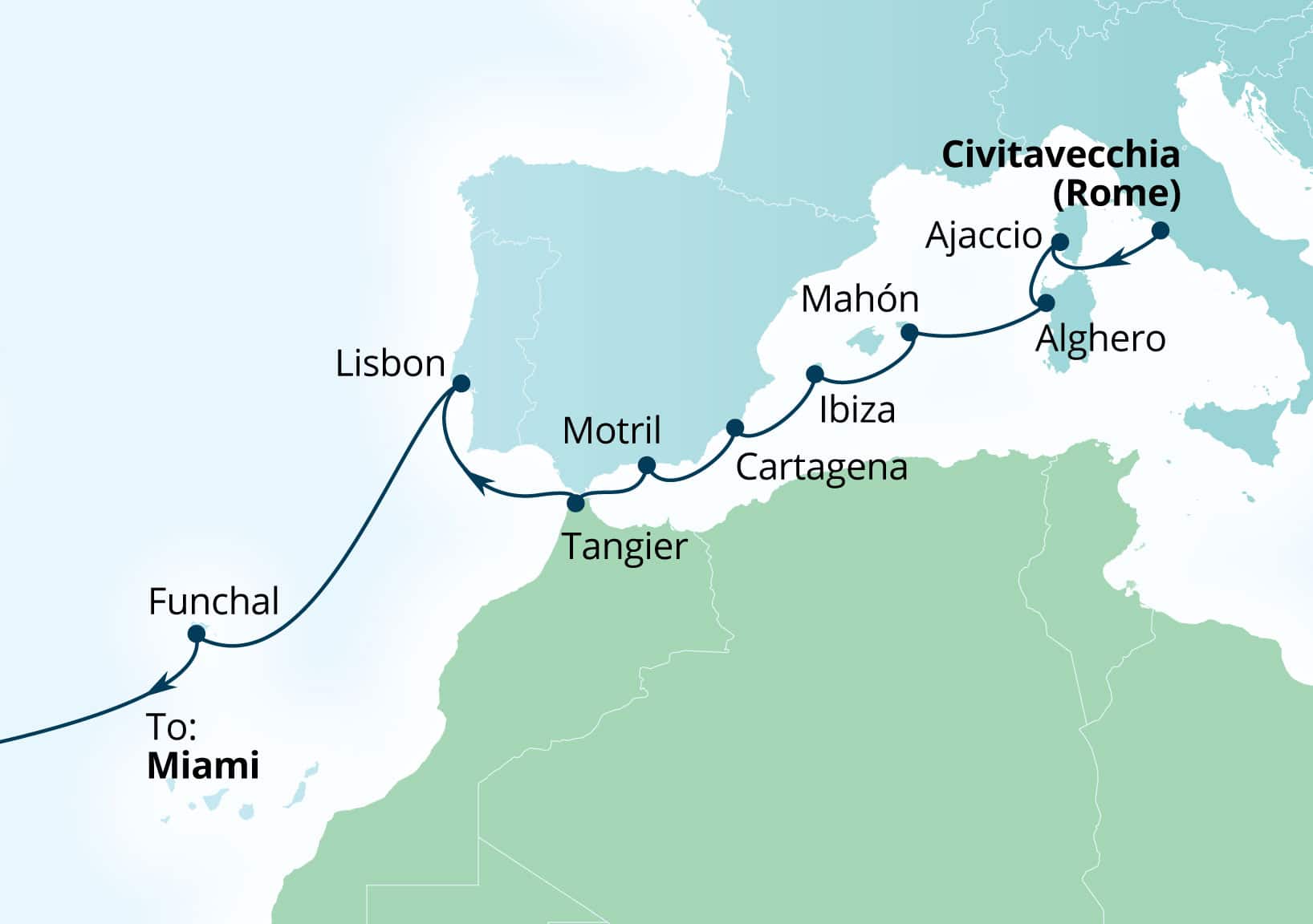 Seabourn Quest Voyage 6677A Civitavecchia (Rome), Italy to Miami, Florida, US itinerary map, 2026-11-01 to 2026-11-22