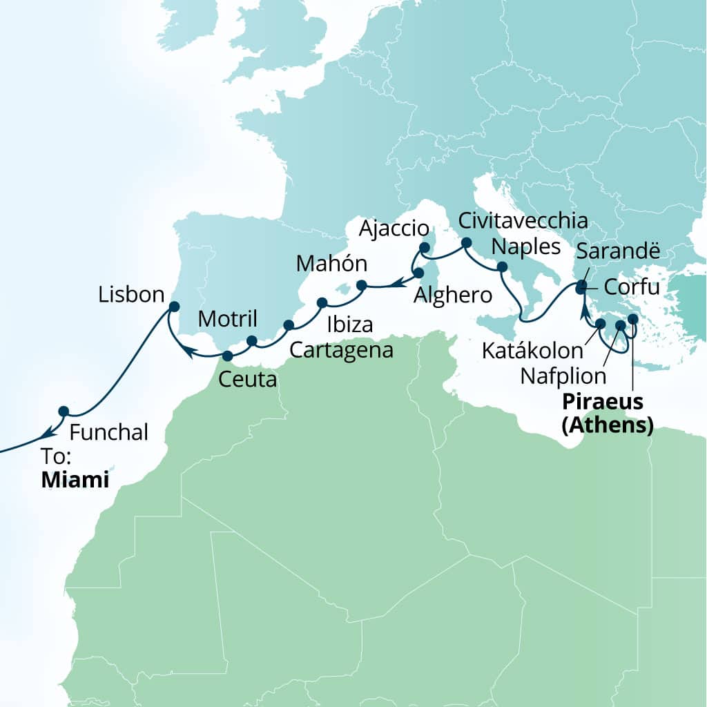 Seabourn Quest 28-day Piraeus (Athens), Greece to Miami, Florida, US itinerary map, October 25-November 22 2026