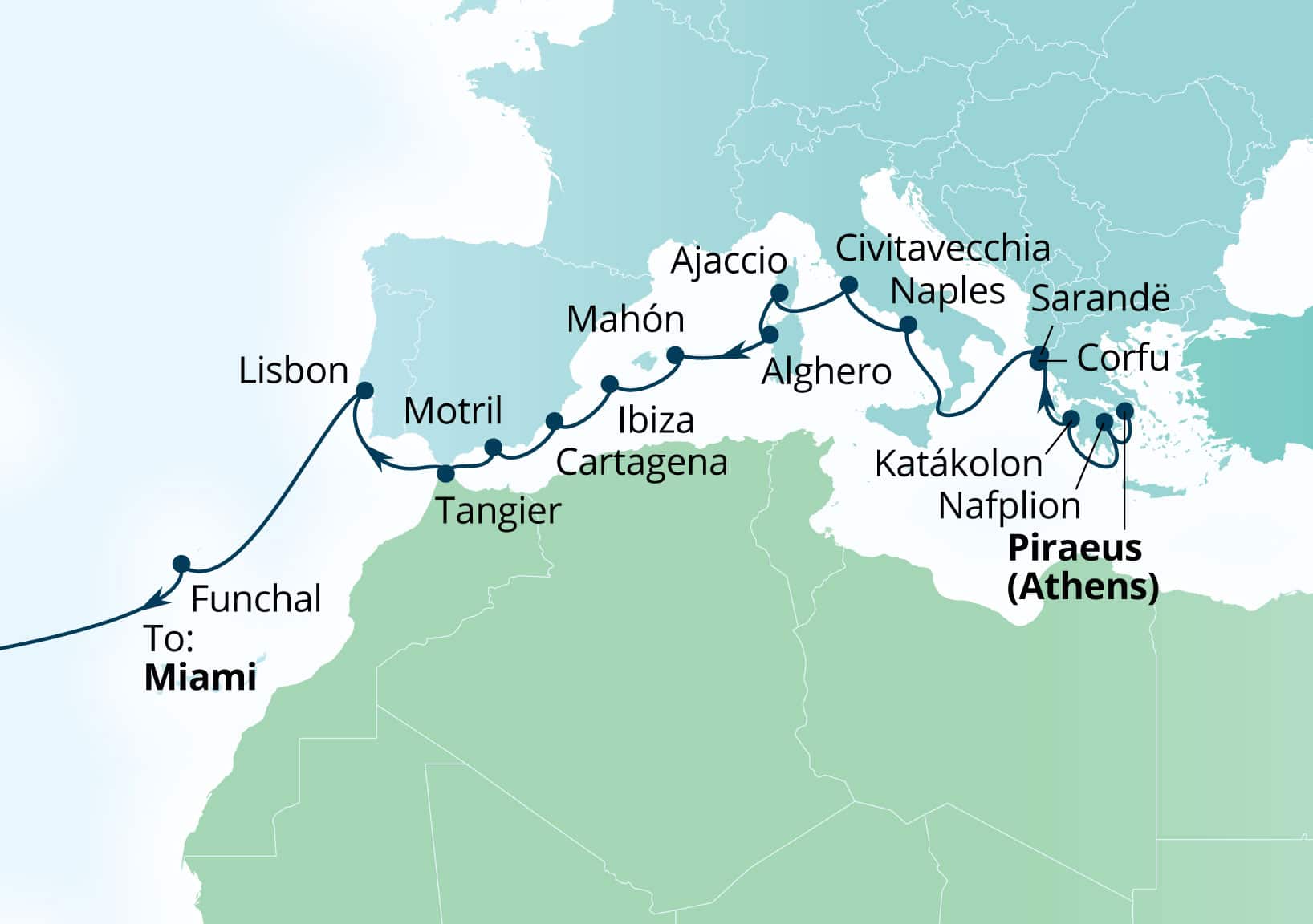 Seabourn Quest Voyage 6676B Piraeus (Athens), Greece to Miami, Florida, US itinerary map, 2026-10-25 to 2026-11-22