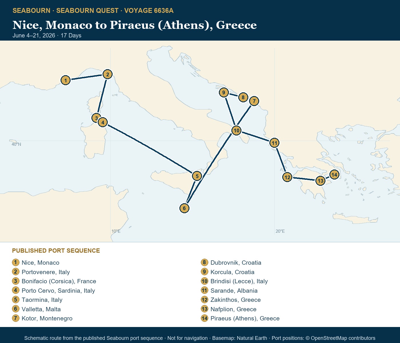 Seabourn Quest Voyage 6636A Nice, Monaco to Piraeus (Athens), Greece itinerary map