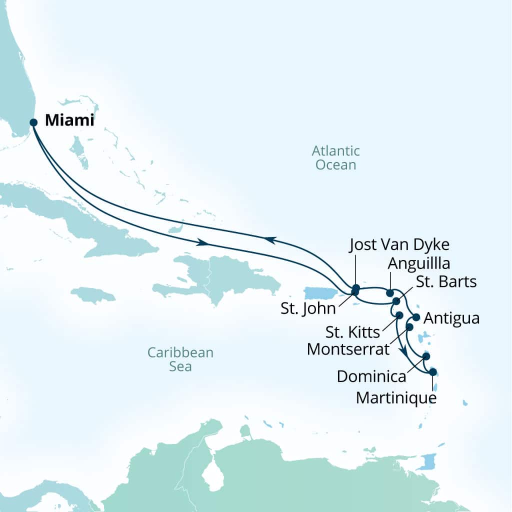 Seabourn Quest 14-day Miami, Florida, US to Miami, Florida, US itinerary map, December 4-18 2027