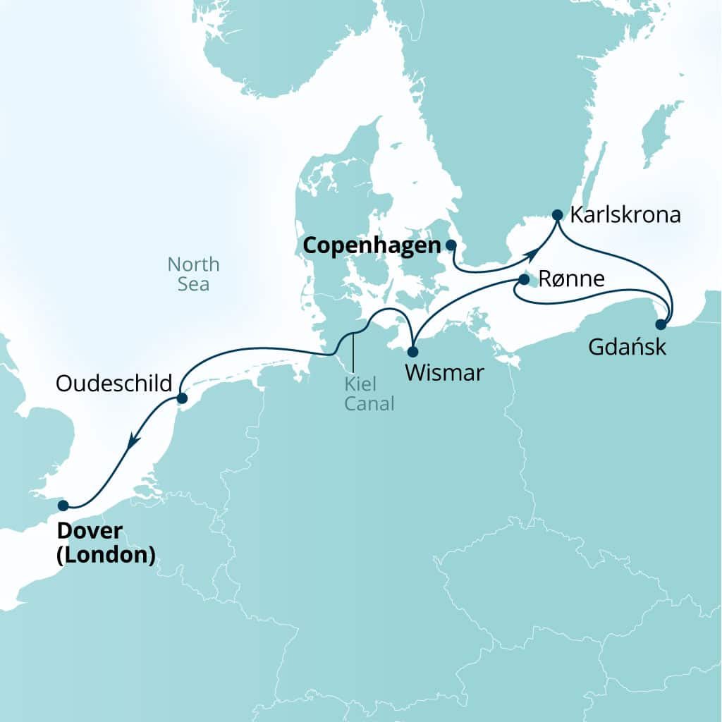 Seabourn Quest 7-day Copenhagen, Denmark to Dover (London), England, UK itinerary map, August 7-14 2027