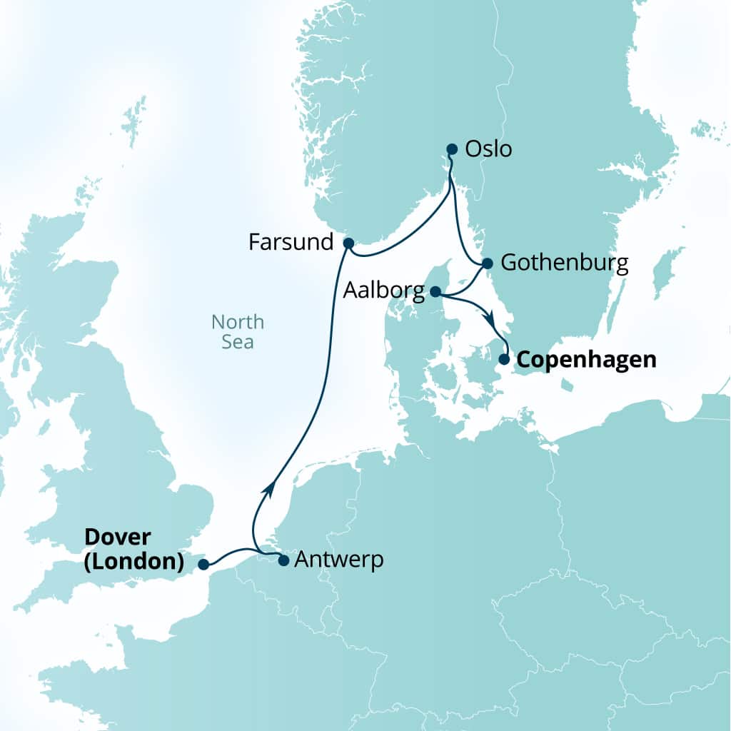 Seabourn Quest 7-day Dover (London), England, UK to Copenhagen, Denmark itinerary map, August 14-21 2027