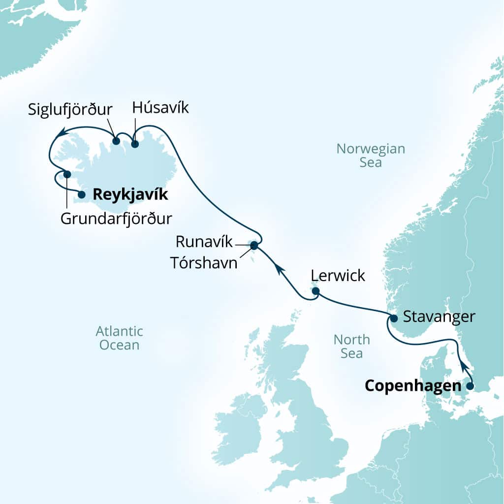 Seabourn Quest 10-day Copenhagen, Denmark to Reykjavik, Iceland itinerary map, September 1-11 2027