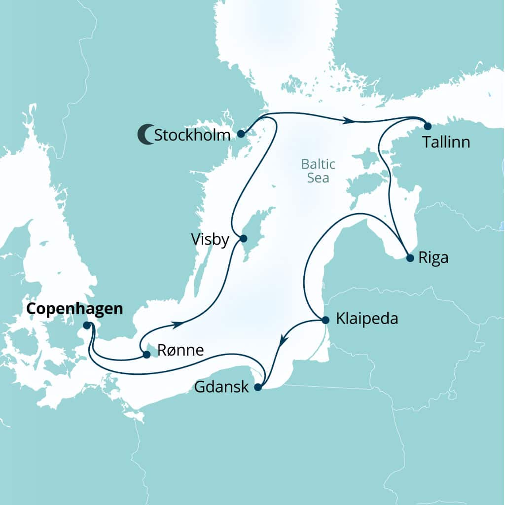 Seabourn Quest 11-day Copenhagen, Denmark to Copenhagen, Denmark itinerary map, August 21-September 1 2027