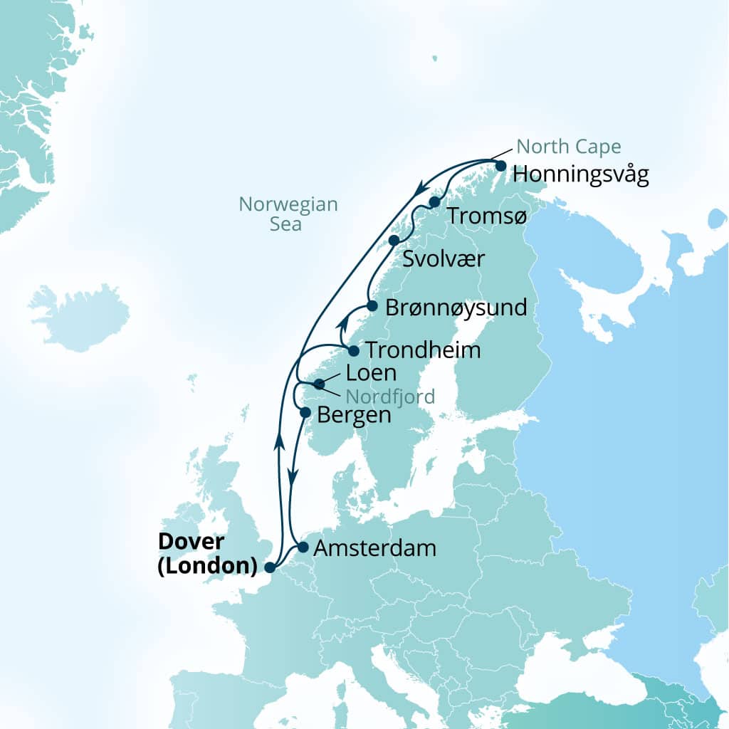 Seabourn Quest 14-day Dover (London), England, UK to Dover (London), England, UK itinerary map, June 19-July 3 2027