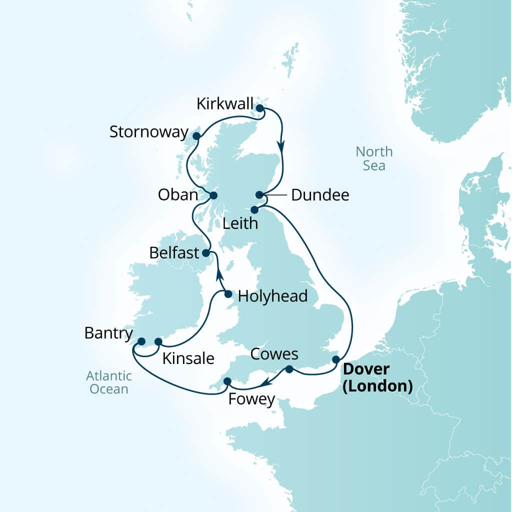 Seabourn Quest 14-day Dover (London), England, UK to Dover (London), England, UK itinerary map, July 3-17 2027