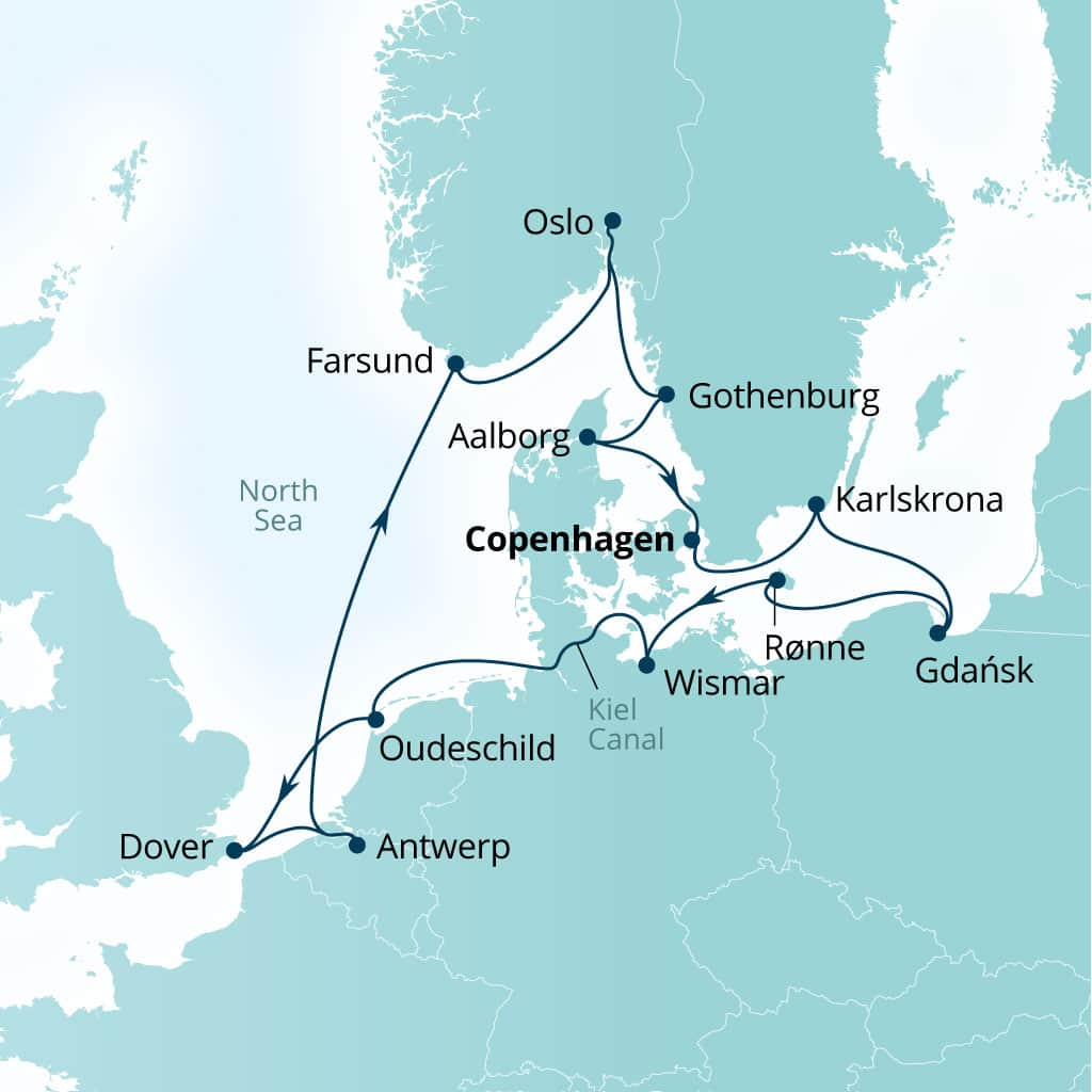 Seabourn Quest 14-day Copenhagen, Denmark to Copenhagen, Denmark itinerary map, August 7-21 2027