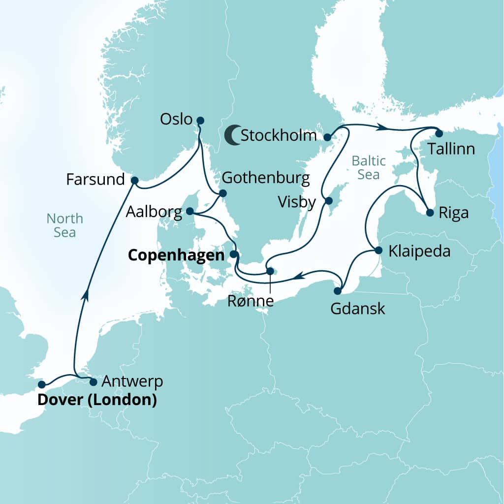 Seabourn Quest 18-day Dover (London), England, UK to Copenhagen, Denmark itinerary map, August 14-September 1 2027