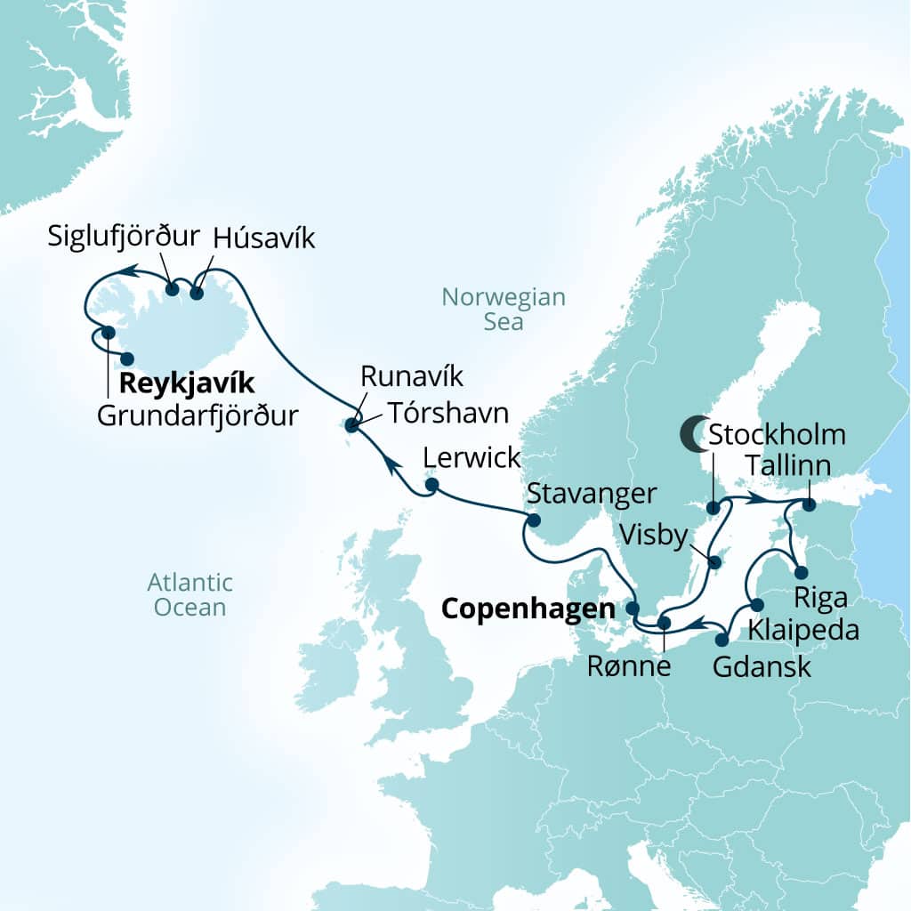 Seabourn Quest 21-day Copenhagen, Denmark to Reykjavik, Iceland itinerary map, August 21-September 11 2027