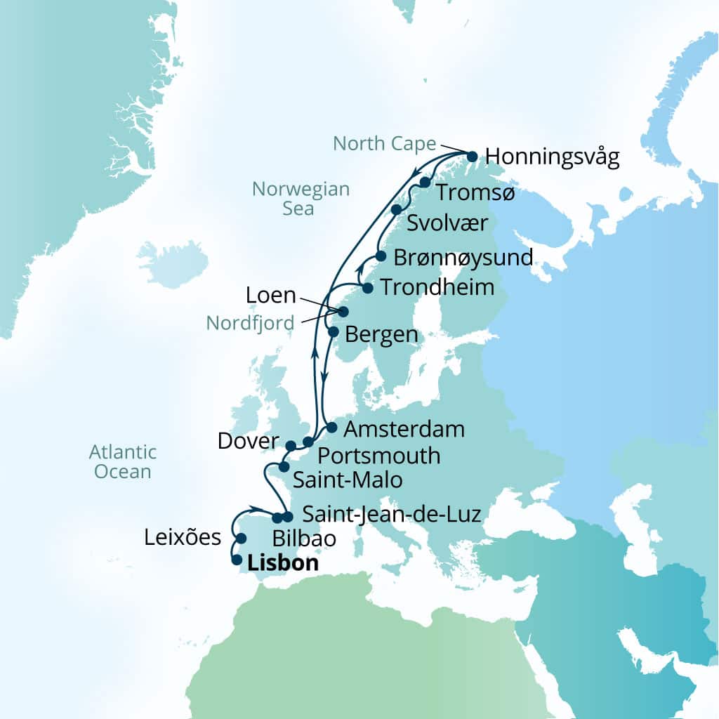 Seabourn Quest 22-day Lisbon, Portugal to Dover (London), England, UK itinerary map, June 11-July 3 2027