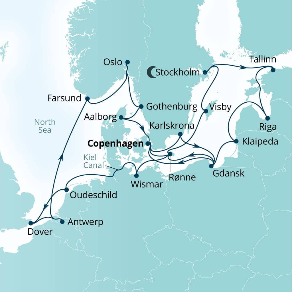 Seabourn Quest 25-day Copenhagen, Denmark to Copenhagen, Denmark itinerary map, August 7-September 1 2027