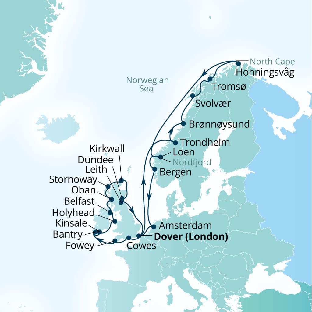Seabourn Quest 28-day Dover (London), England, UK to Dover (London), England, UK itinerary map, July 3-31 2027