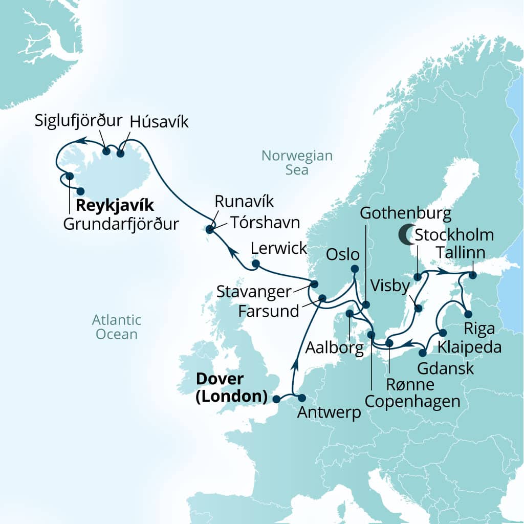 Seabourn Quest 28-day Dover (London), England, UK to Reykjavik, Iceland itinerary map, August 14-September 11 2027