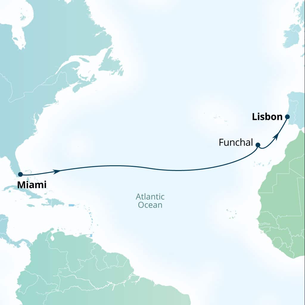 Seabourn Quest 12-day Miami, Florida, US to Lisbon, Portugal itinerary map, May 30-June 11 2027