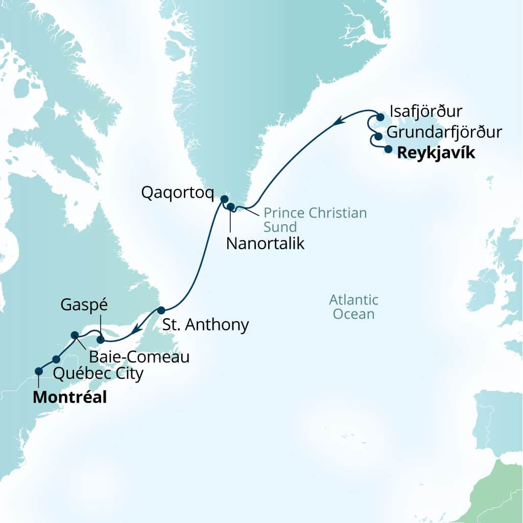 Seabourn Quest 14-day Reykjavik, Iceland to Montreal, Quebec, Canada itinerary map, September 11-25 2027