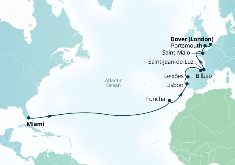 Seabourn Quest 20-day Miami, Florida, US to Dover (London), England, UK itinerary map, May 30-June 19 2027