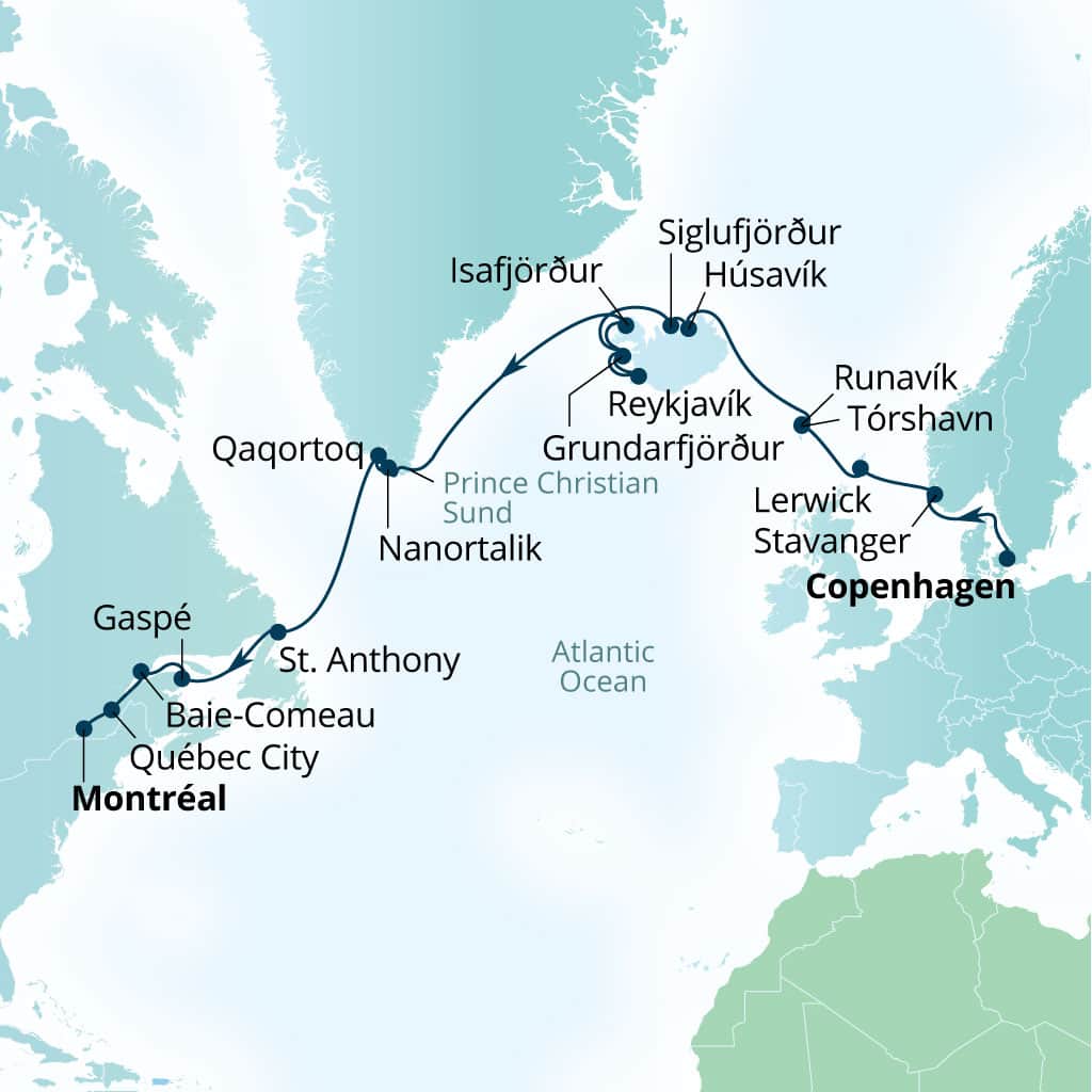 Seabourn Quest 24-day Copenhagen, Denmark to Montreal, Quebec, Canada itinerary map, September 1-25 2027