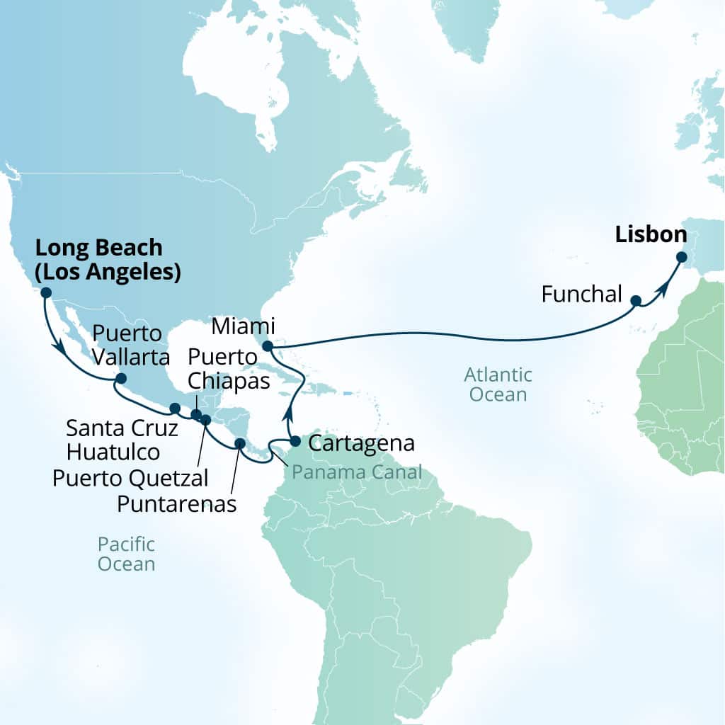 Seabourn Quest 31-day Long Beach, California, US to Lisbon, Portugal itinerary map, May 11-June 11 2027