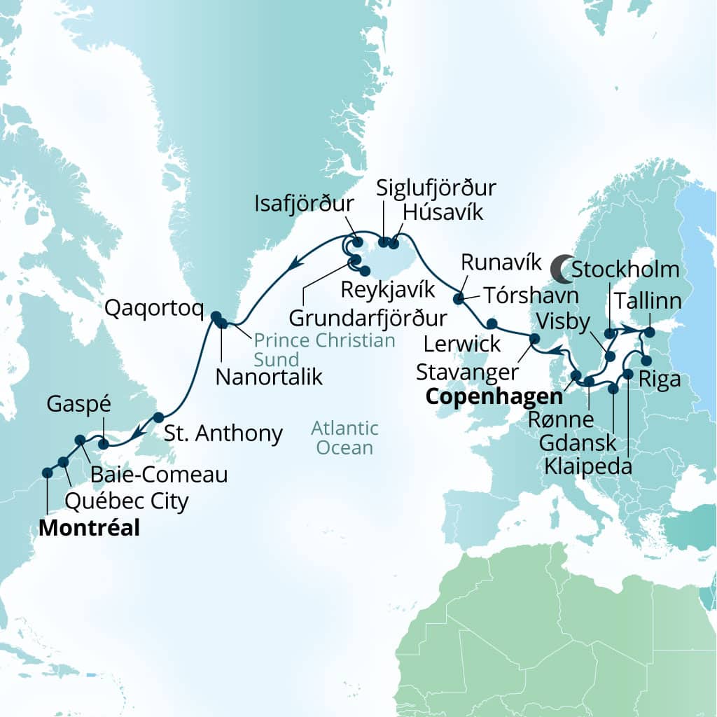 Seabourn Quest 35-day Copenhagen, Denmark to Montreal, Quebec, Canada itinerary map, August 21-September 25 2027