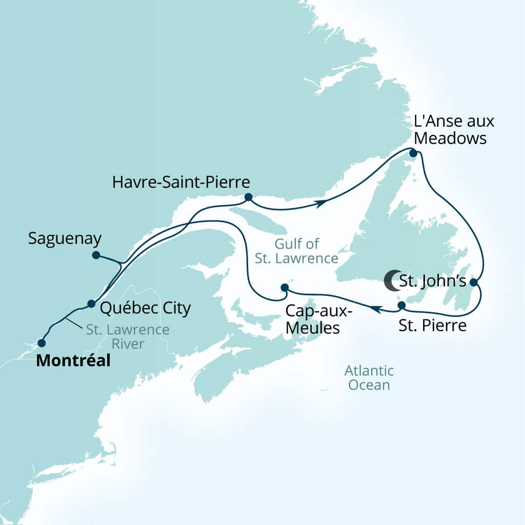 Seabourn Quest 12-day Montreal, Quebec, Canada to Montreal, Quebec, Canada itinerary map, September 25-October 7 2027