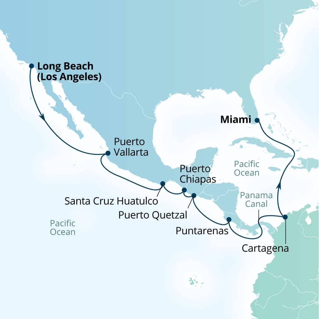 Seabourn Quest 19-day Long Beach, California, US to Miami, Florida, US itinerary map, May 11-30 2027