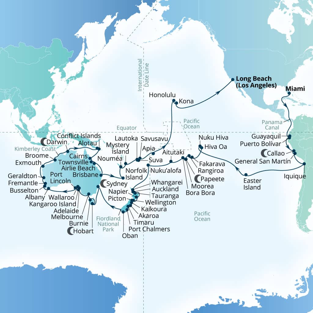 Seabourn Quest 126-day Miami, Florida, US to Long Beach, California, US itinerary map, January 5-May 11 2027