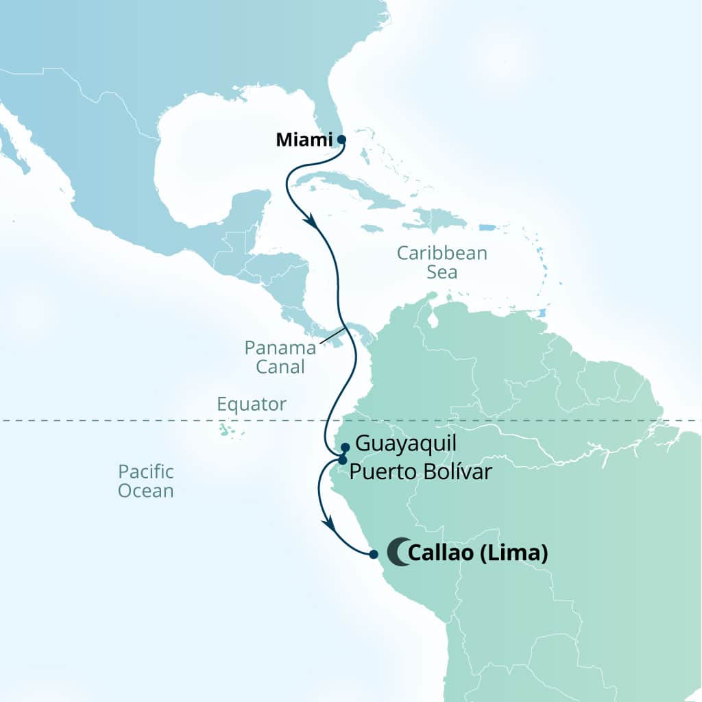 Seabourn Quest 12-day Miami, Florida, US to Callao (Lima), Peru itinerary map, January 5-17 2027