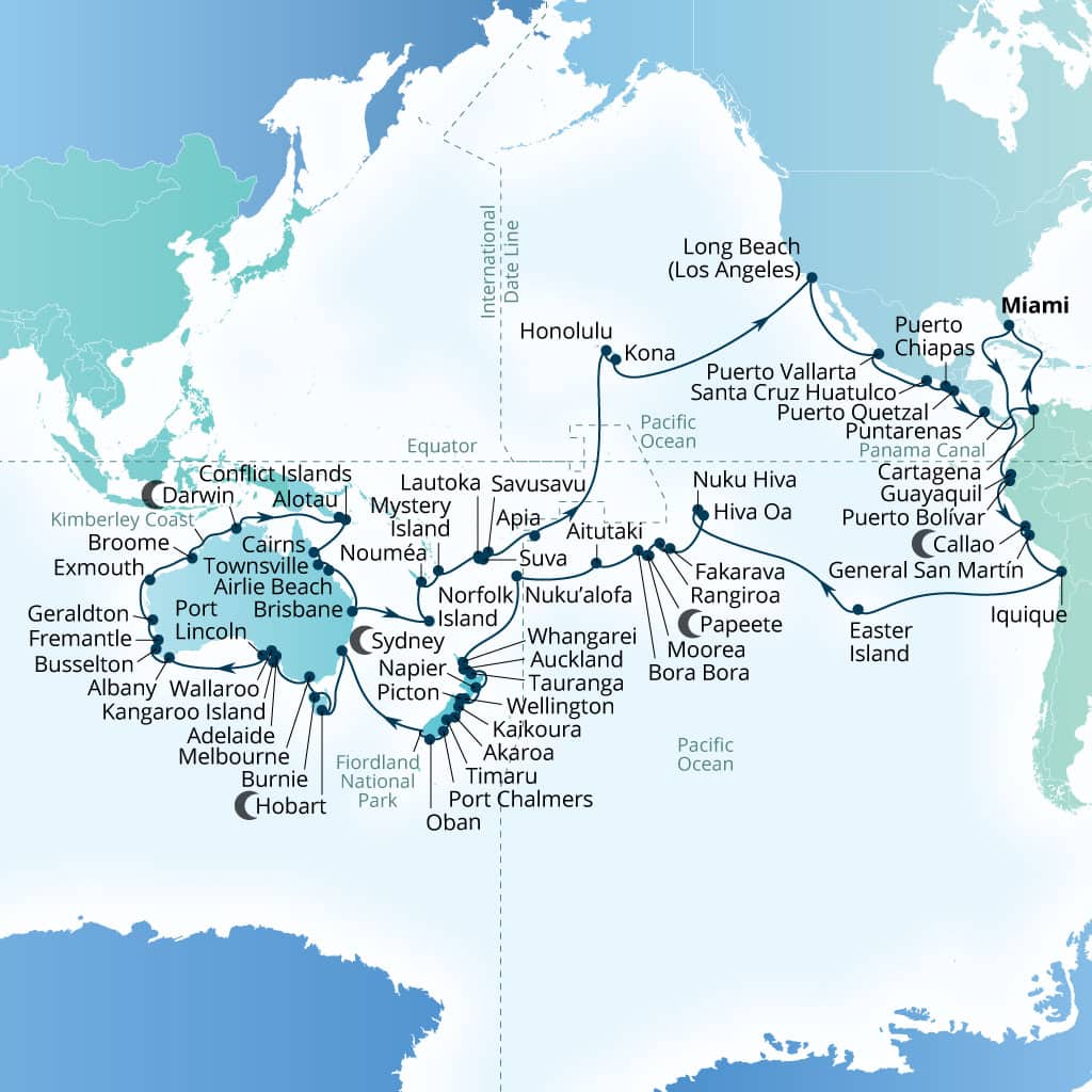 Seabourn Quest 145-day Miami, Florida, US to Miami, Florida, US itinerary map, January 5-May 30 2027