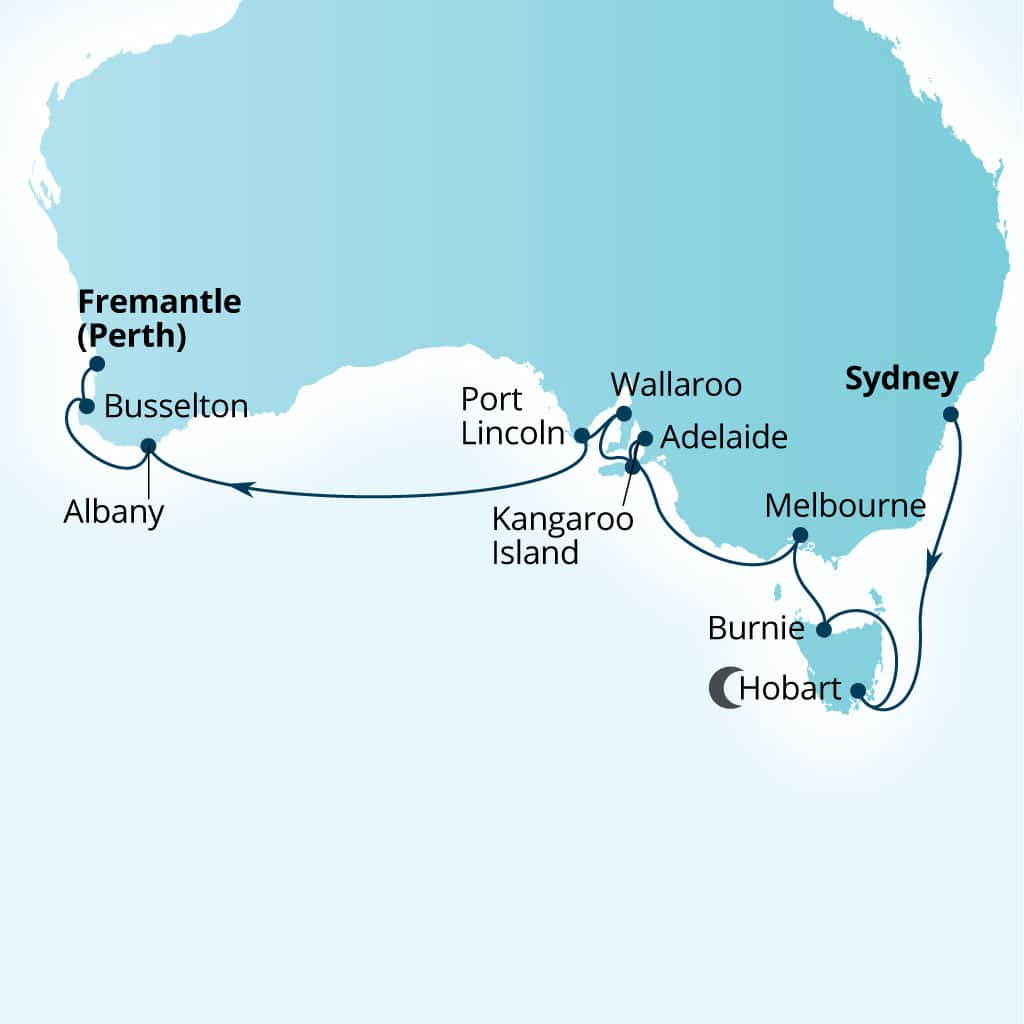 Seabourn Quest 17-day Sydney, Australia to Fremantle (Perth), Australia itinerary map, March 9-26 2027