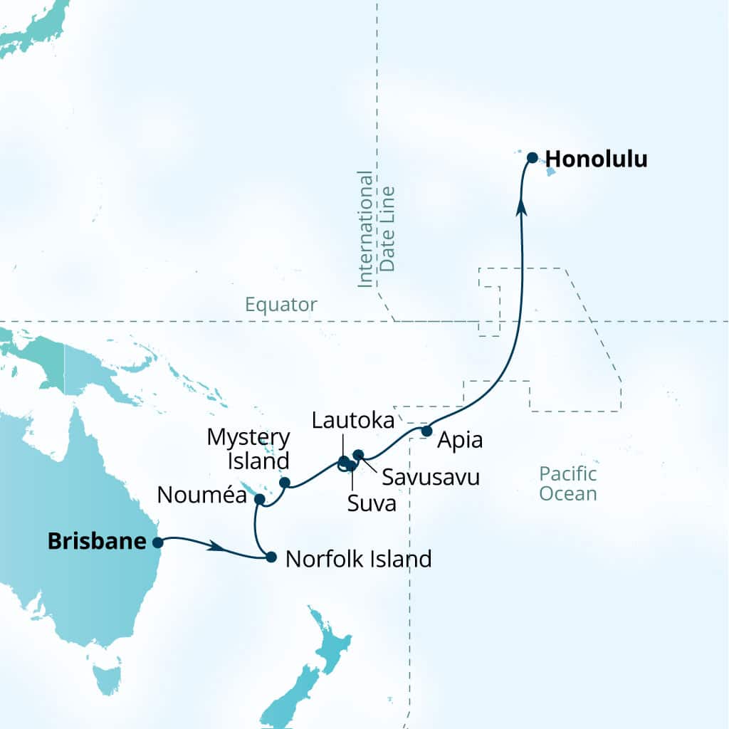 Seabourn Quest 19-day Brisbane, Australia to Honolulu, Hawaii, US itinerary map, April 15-May 3 2027